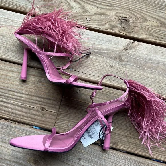 ZARA Mauve Pink Satin Feather Embellished High Stiletto Heel Strappy Sandals 40 - Picture 8 of 11